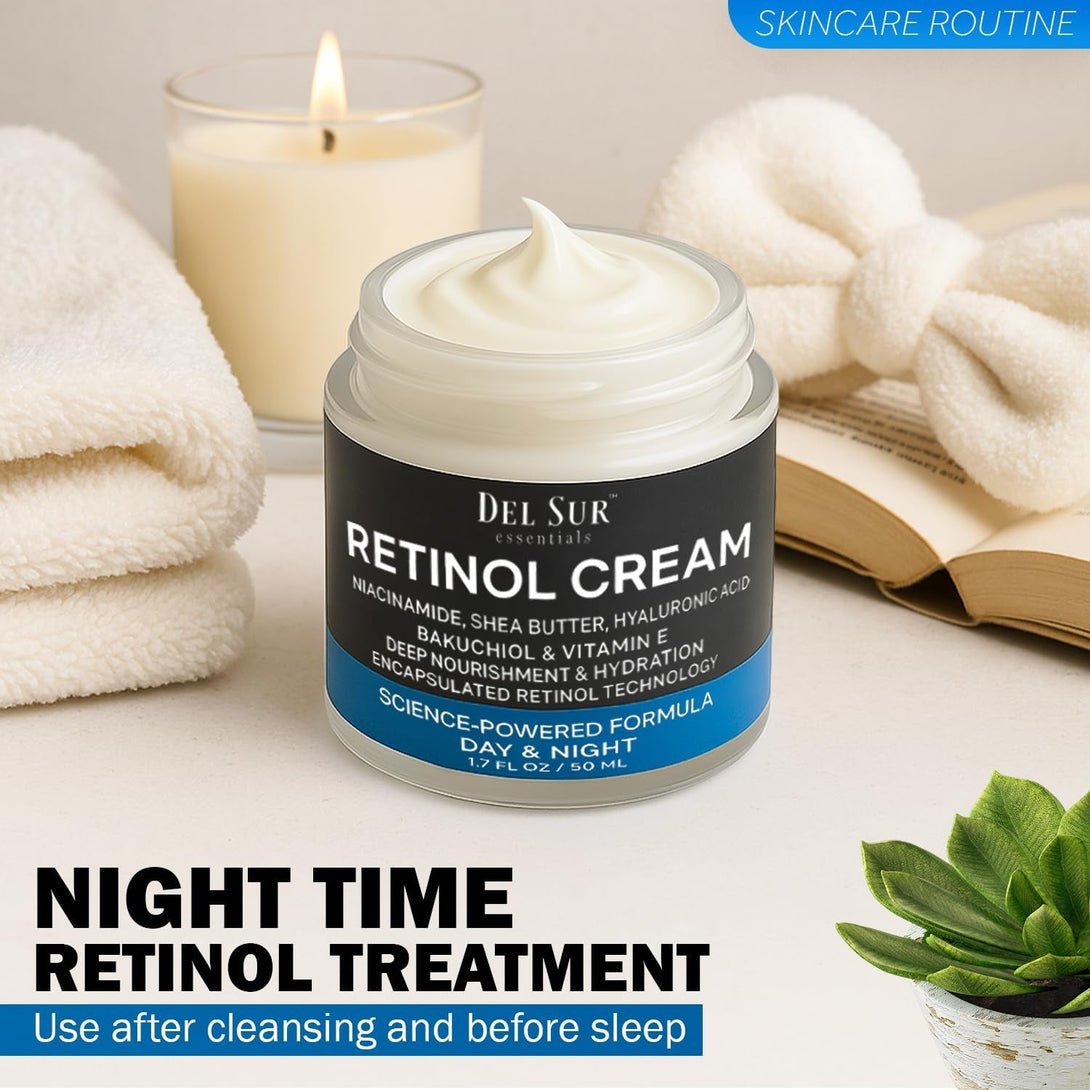 DEL SUR Retinol Cream for Face 50Ml – Anti-Aging Night Moisturizer with Hyaluronic Acid, Bakuchiol & Niacinamide – Korean Retinol Cream for Wrinkles, Fine Lines & Dark Spots 50Ml