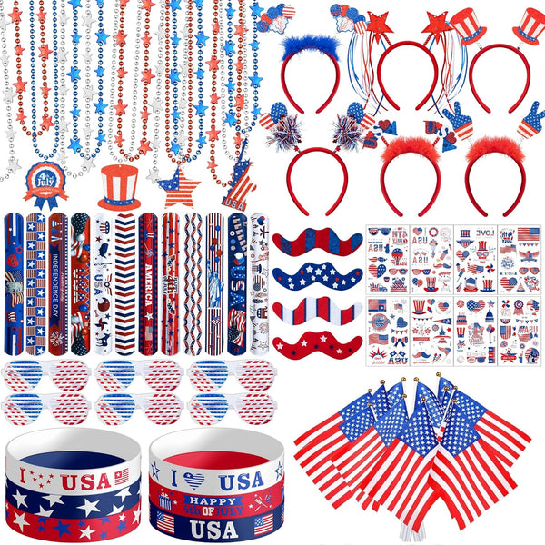 4Th of July Party Favors Set, Fourth of July Decorations 158 Pcs Accessories Includes Slap Bracelets, Necklaces, USA Flags, Tattoos, Wristbands, Glasses, Headbands, Moustaches, Red White and Blue