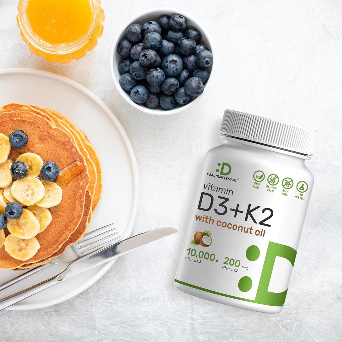 DEAL SUPPLEMENT Vitamin D3 10,000 IU + K2 MK7 200 Mcg, Infused with Virgin Coconut Oil, 250 Softgels, Double Strength Vitamin D & K, Promotes Heart, Bone & Teeth Health - Very Easy to Swallow