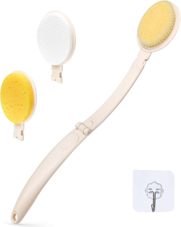 LFJ 19" Long Handle Shower Sponge Brush Set, 3 in 1 Body Brush, Bath Sponge and Lotion Applicator Improved Skin Health, Suitable for Men and Women (White Brush-1P)