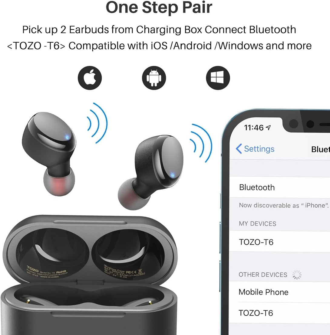 TOZO T6 True Wireless Earbuds Bluetooth 5.3 Headphones 50H Long Playtime, Wireless Charging Case, IPX8 Waterproof Stereo Earphones, Built-In Mic Calls, Headset Premium Deep Bass 32 Preset Eqs via APP