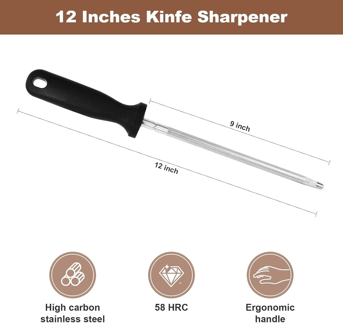 12 Inches Knife Sharpening Steel Rod, High Carbon Steel Honing Rod with 9 Inches Sharpening Steel and Ergonomic PP Handle, Premium Kitchen Knife Sharpener for Chefs and Home Cooks Use