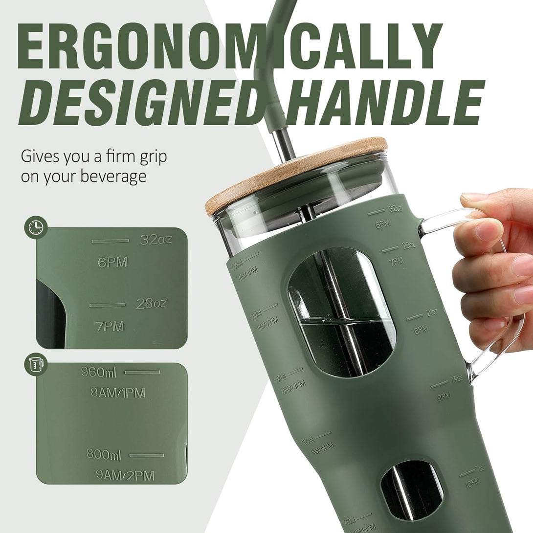 32 Oz Glass Tumbler with Lid and Straw,Glass Water Bottles with Handle,Glass Cup with Time Marker and Silicone Sleeve, Fits in Cup Holder BPA Free-Olive