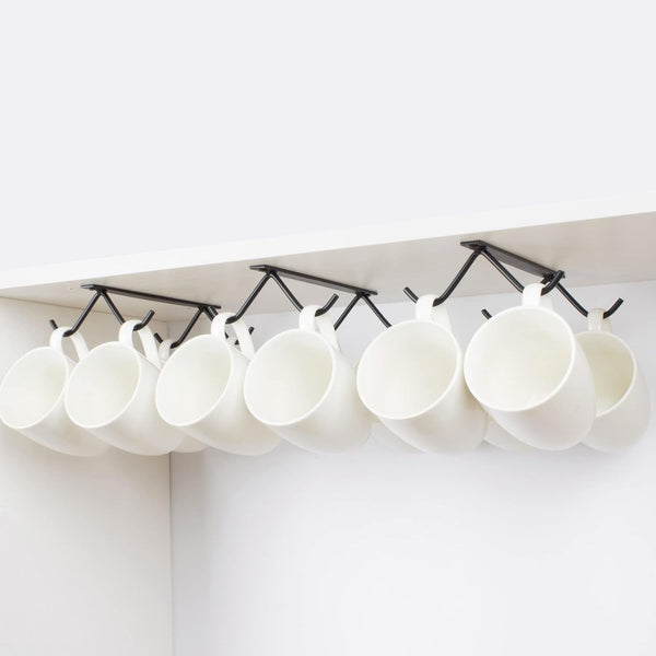 Cabinet Hook Mug Holder - Hanging Coffee Cup Rack for Kitchen, under Cabinets Metal Hangers Organizer Shelf Storage Utensil （Black）