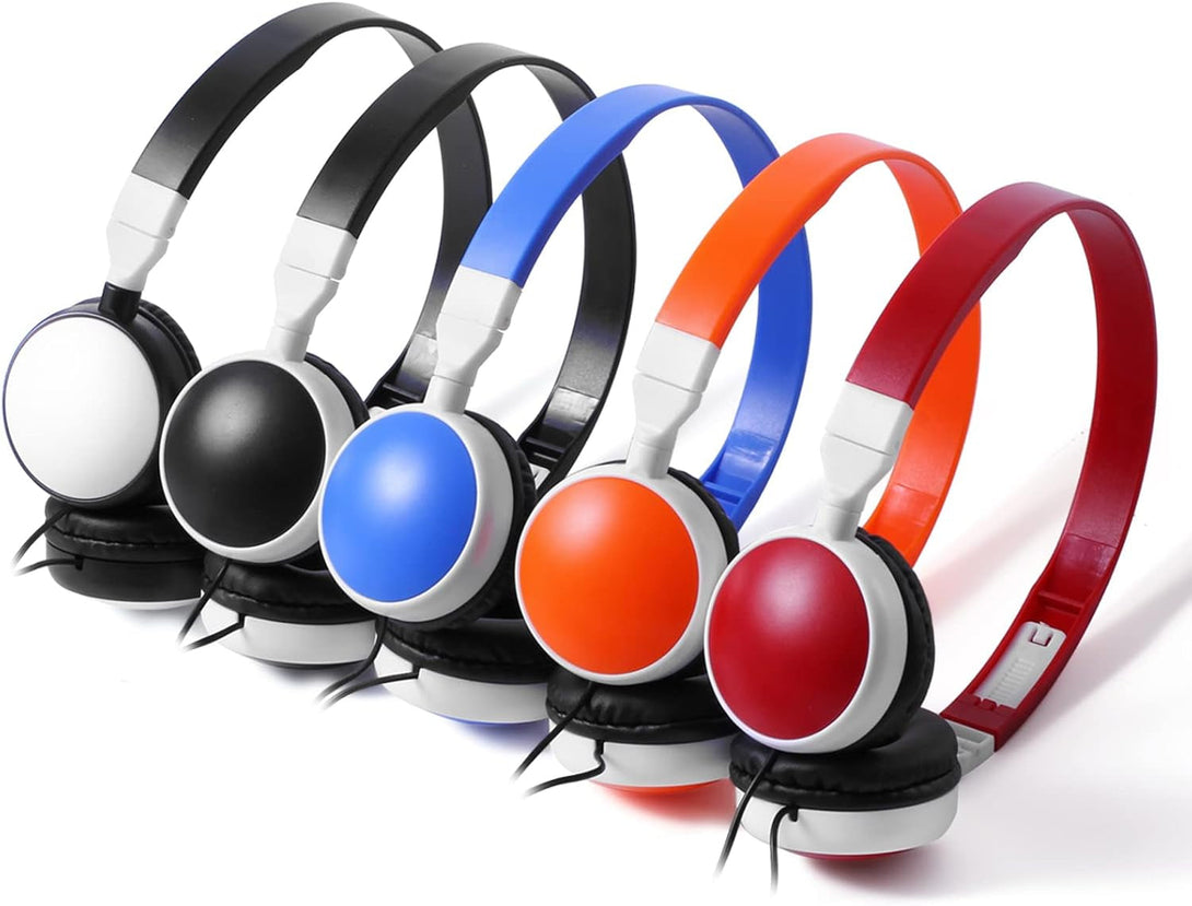 Bulk Headphones Wired for Classroom, Wholesale 5 Pack School KW-X05M Multi Colored Foldable Computers Headphones for Kids Students Children Teen Adults