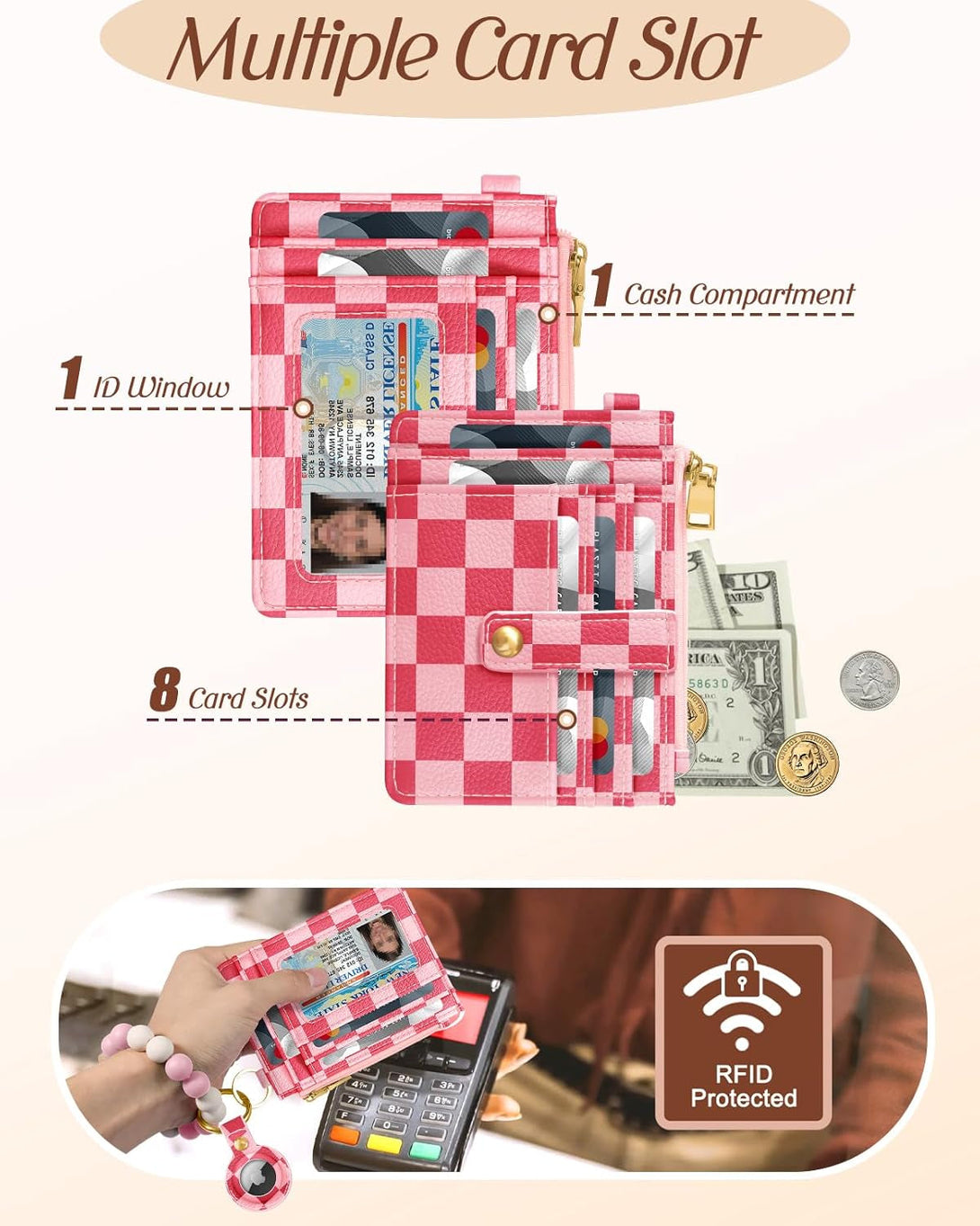 Wallet Keychain Wristlet for Women with Airtag Holder - Cute Design Credit Card Holder Wallets Key Chain Ring Slim Small RFID Air Tag Coin Pocket Purse for Ladies Teen Girls,Pk Grid