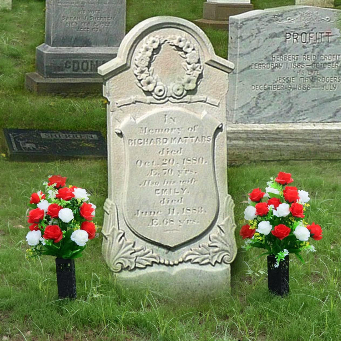 2 Sets Artificial Cemetery Flowers,Memorial Flowers,Beautiful Arrangements for Headstones,Black Plastic Vase with Drainage Hole Long Spikes Outdoor Memorials (Red and White)…
