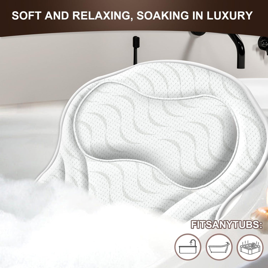 Bath Pillow Luxury Bathtub Pillow - Bath Pillows for Tub Neck and Back Support, Ergonomic Tub Pillow for Bath with 6 Powerful Suction Cups, Fits All Bathtub Portable Bath Accessories - White