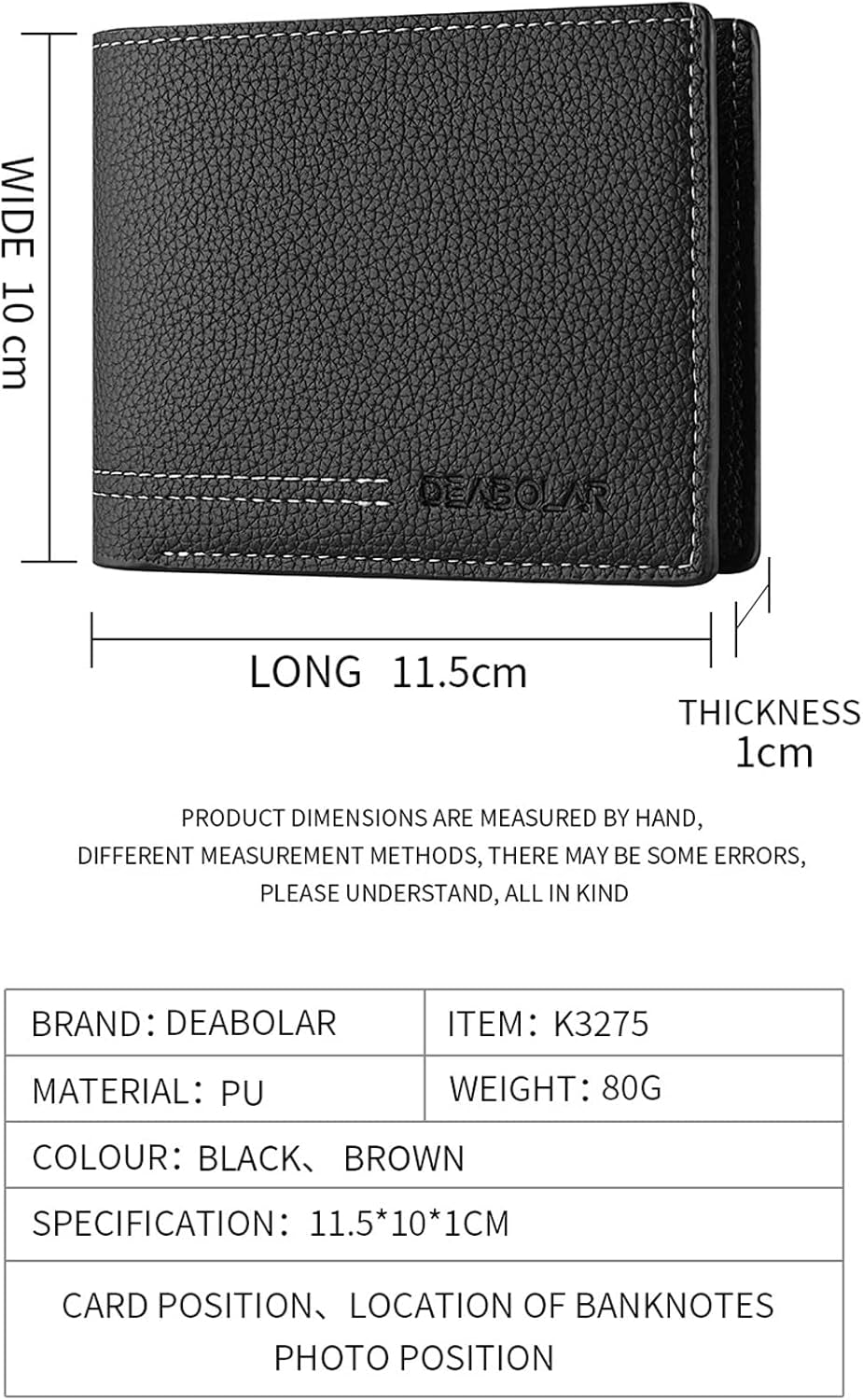 Men Wallet Black PU Material 4 Card Holder 2 Money Pockets 1 Clear Window Suitable for Gifts without RFID Slim Small for Traveling