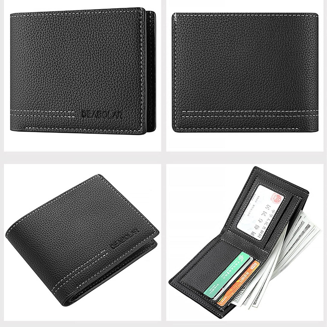 Men Wallet Black PU Material 4 Card Holder 2 Money Pockets 1 Clear Window Suitable for Gifts without RFID Slim Small for Traveling