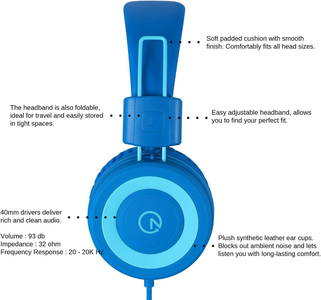 Noot Products Kids Headphones K11 Foldable Stereo Tangle-Free 5Ft Long Cord 3.5Mm Jack Plug in Wired On-Ear Headset for Ipad/Amazon Kindle,Fire/Boy/Girl/School/Laptop/Tablet(Skyline Blue)