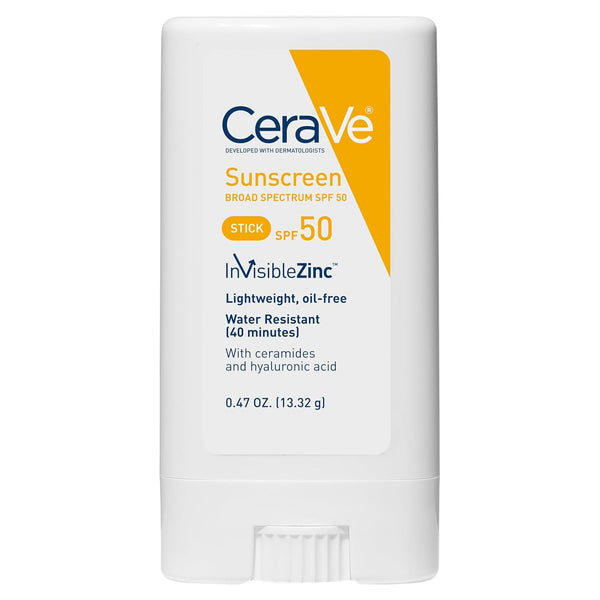 Cerave Mineral Sunscreen Stick SPF 50, Broad Spectrum SPF + Hyaluronic Acid + Ceramides, Titanium Dioxide & Zinc Oxide, 100% Mineral Face Sunscreen Stick, Fragrance Free & Oil Free