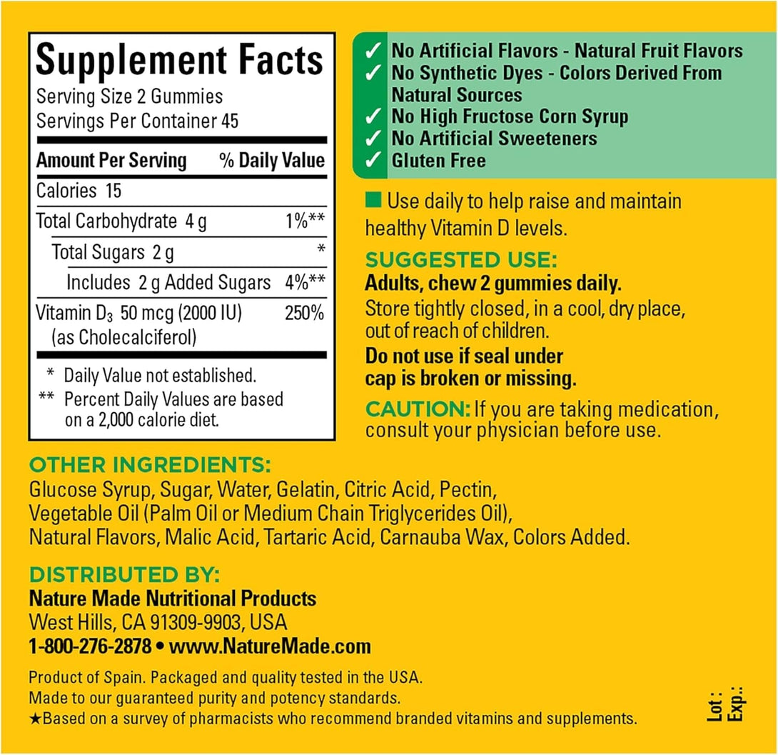 Nature Made Vitamin D3 2000 IU (50 Mcg) per Serving, Dietary Supplement for Bone, Teeth, Muscle and Immune Health Support, 90 Gummies, 45 Day Supply