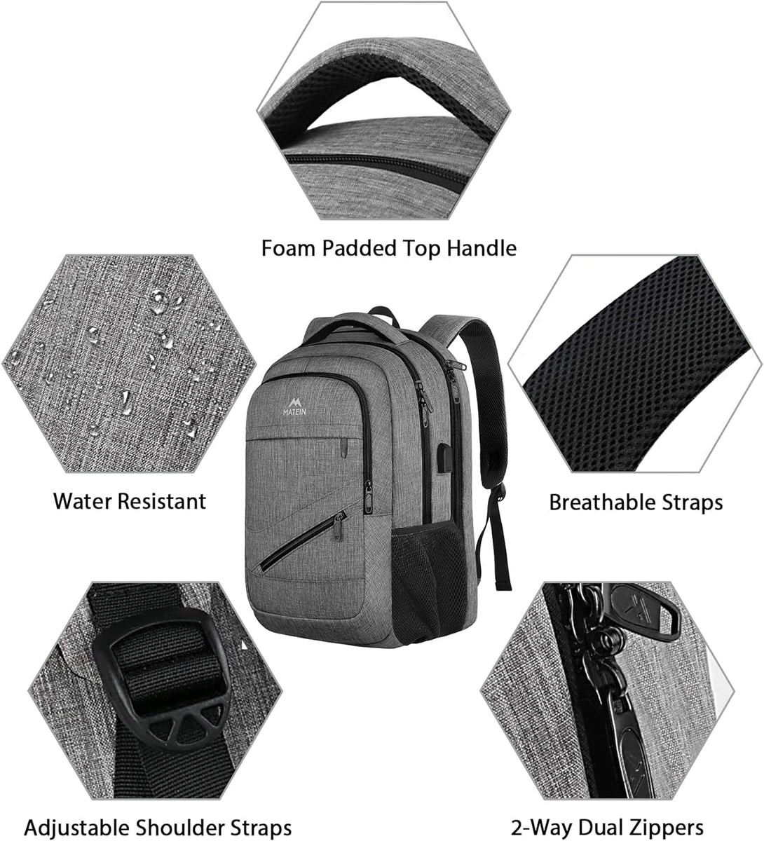 MATEIN Travel Laptop Backpack, 17 Inch Business Flight Approved Carry on Backpack, TSA Large Computer Bag for Men Women with USB Port and Trolley Sleeve, College School Tactical Book Bag, Grey