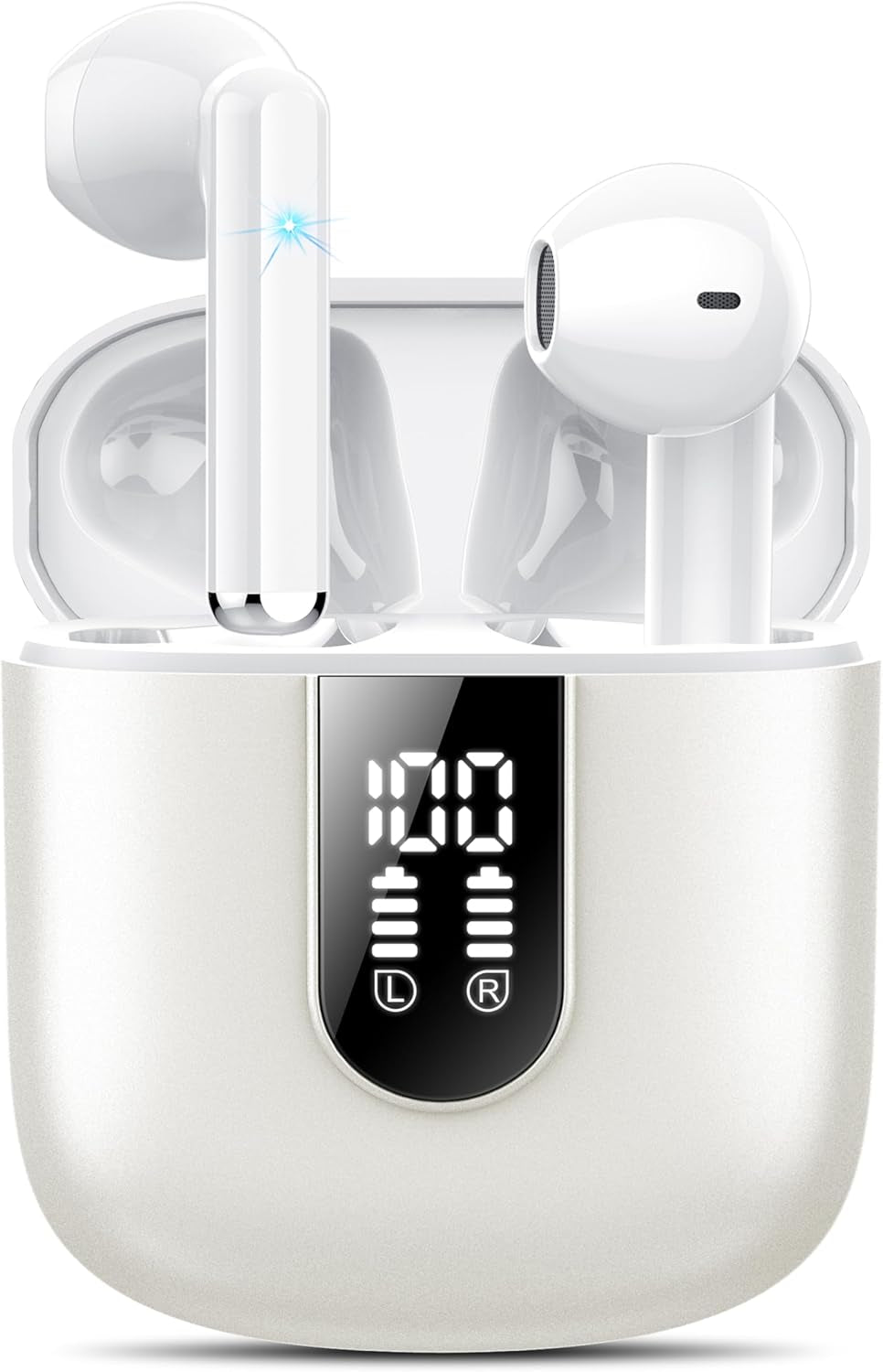 Wireless Earbuds 2024 Bluetooth 5.3 Headphones with HD Mic Hifi Stereo Sound, Wireless Earphones with Dual LED Display Touch Control, IPX7 Waterproof 30H Playtime Mini Ear Buds for Ios Android, White