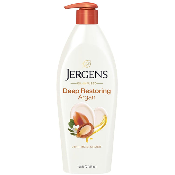 Jergens Deep Restoring Argan Oil Moisturizer, Soothing Body and Hand Lotion with Reviving Argan Oil and Vitamin E, Oil-Infused, Dermatologist Tested, 16.8 Oz