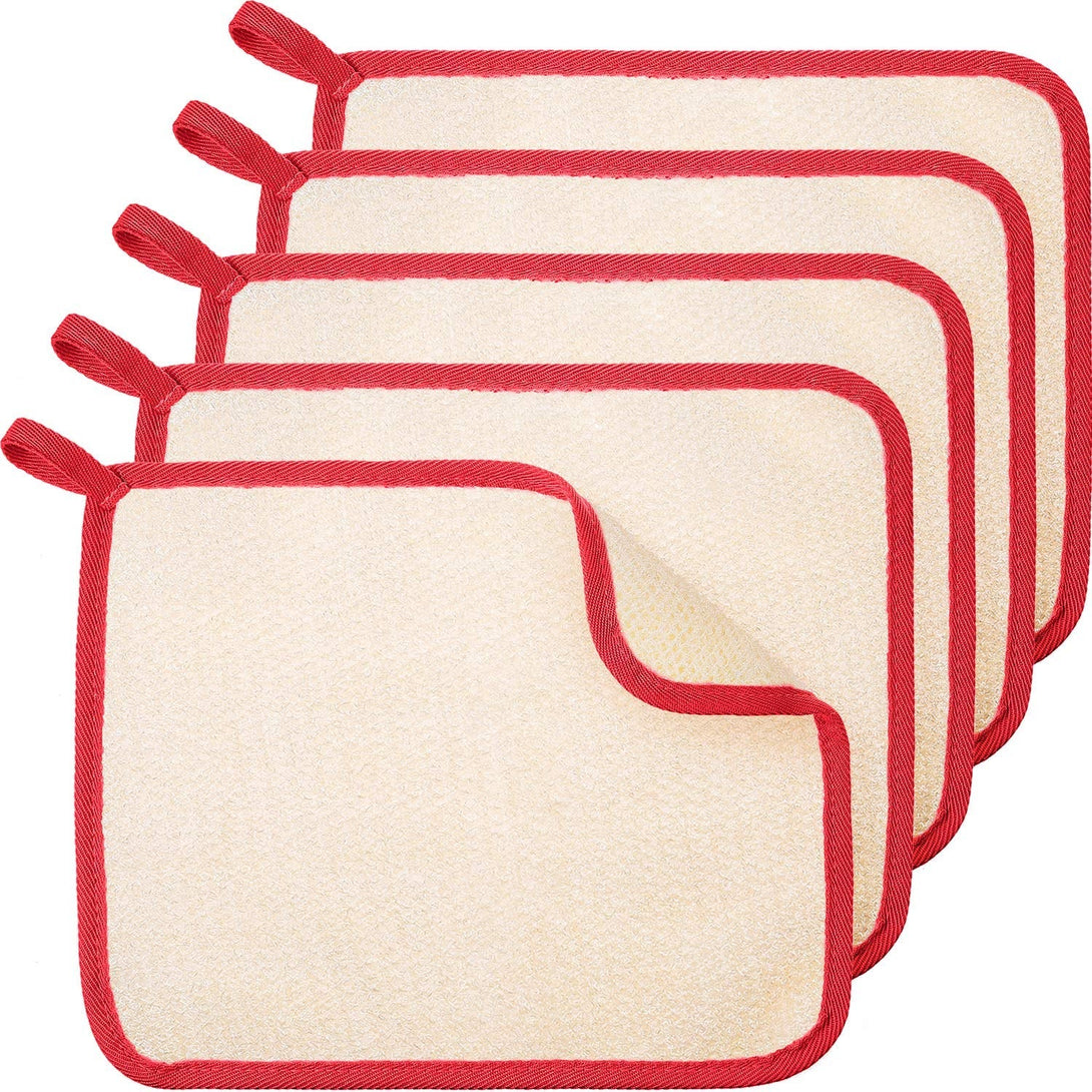 Tatuo 5 Pcs Exfoliating Face and Body Wash Cloths Towel Weave Bath Cloth Exfoliating Scrub Cloth Massage Bath Cloth for Women and Men, 10.63 X 9.05 Inch (Red Edge)
