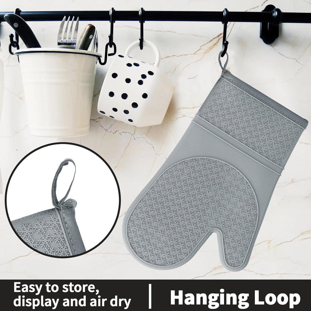 Hovico Silicone Oven Mitts, Oven Gloves with Non-Slip Waterproof - 2PCS Grey Oven Mittens Heat Resistant 600 Degree, Soft Lining Silicone Oven Mits for Cooking Baking Kitchen Mitten