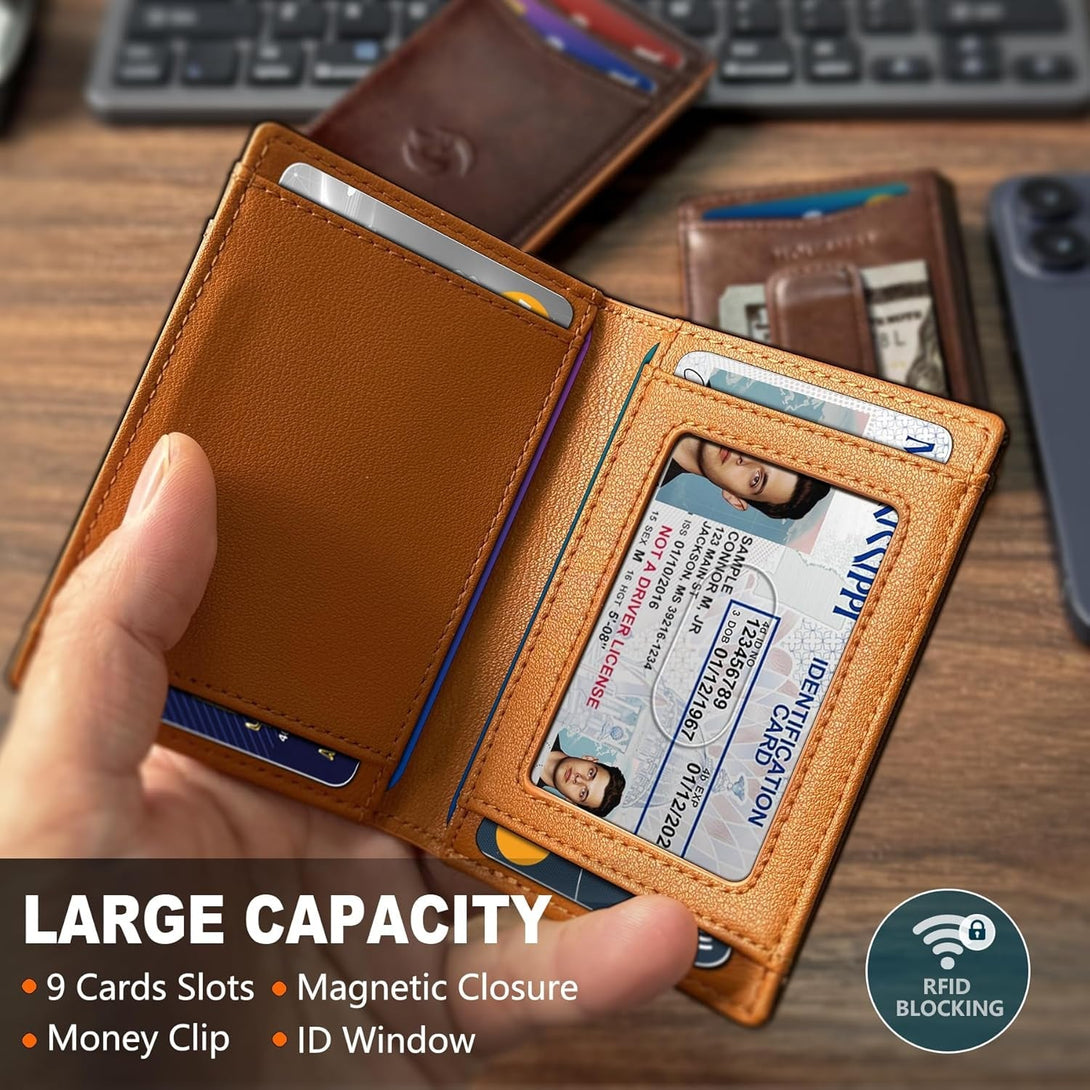 Magnetic Closure Slim Wallet for Men with Money Clip Gift Boxed,Genuine Leather Front Pocket Wallet, 3.9"X 2.7", RFID Blocking