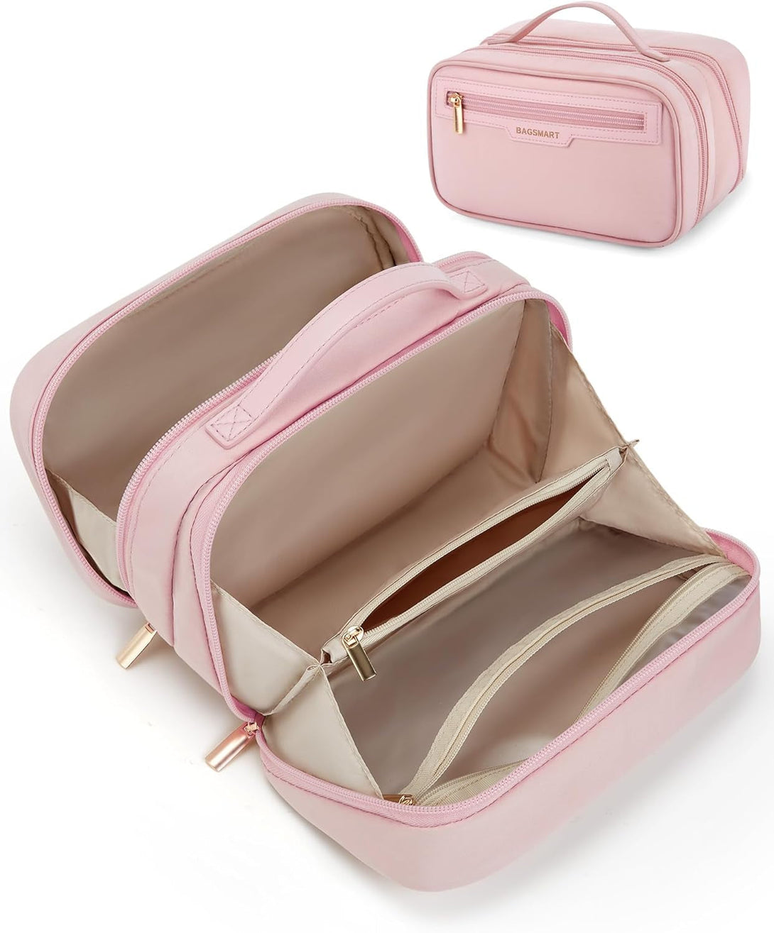 BAGSMART Travel Makeup Bag, Make up Bag with Multiple Compartments for Organizer, Compact & Durable Cosmetic Organizer for Women for Travel Accessories (Pink