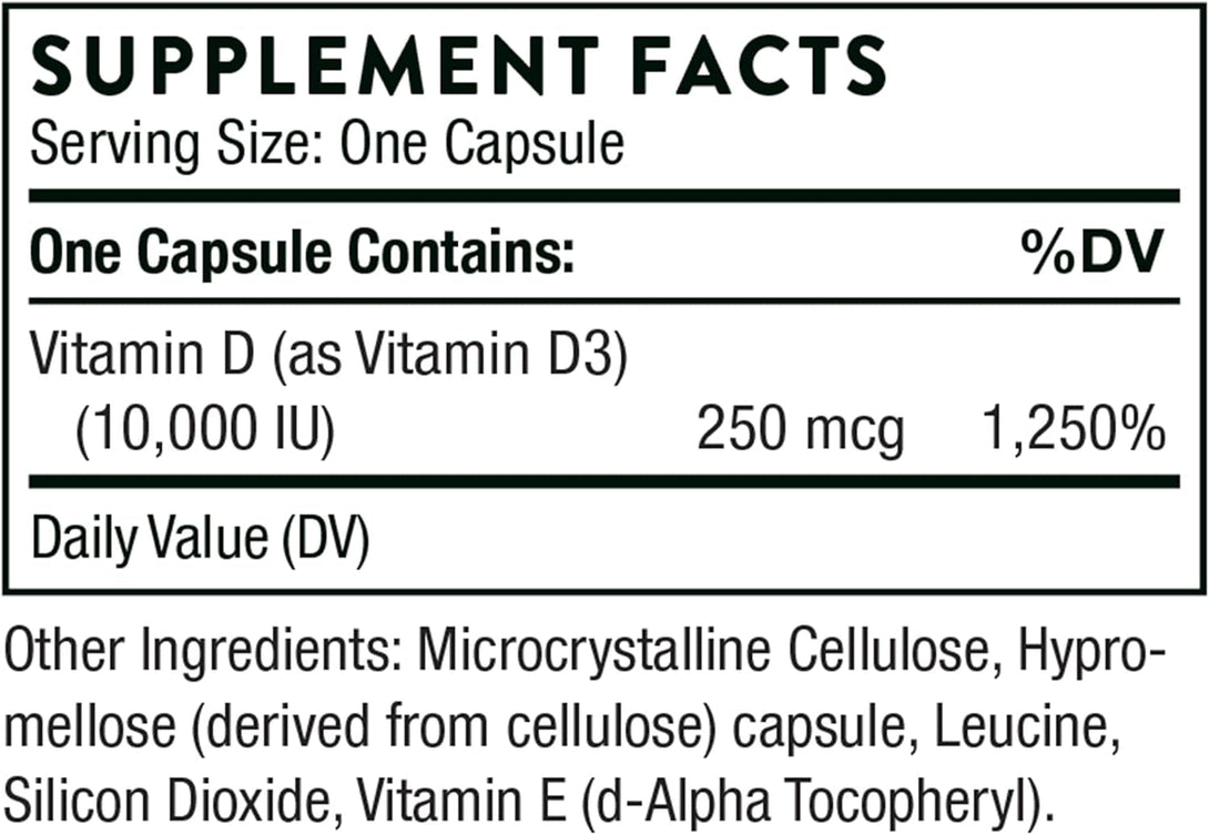 THORNE Vitamin D3 Supplement - Supports Healthy Bones, Teeth Muscles, Cardiovascular & Immune Function* - Gluten, Dairy & Soy-Free - 10,000 IU - 60 Capsules