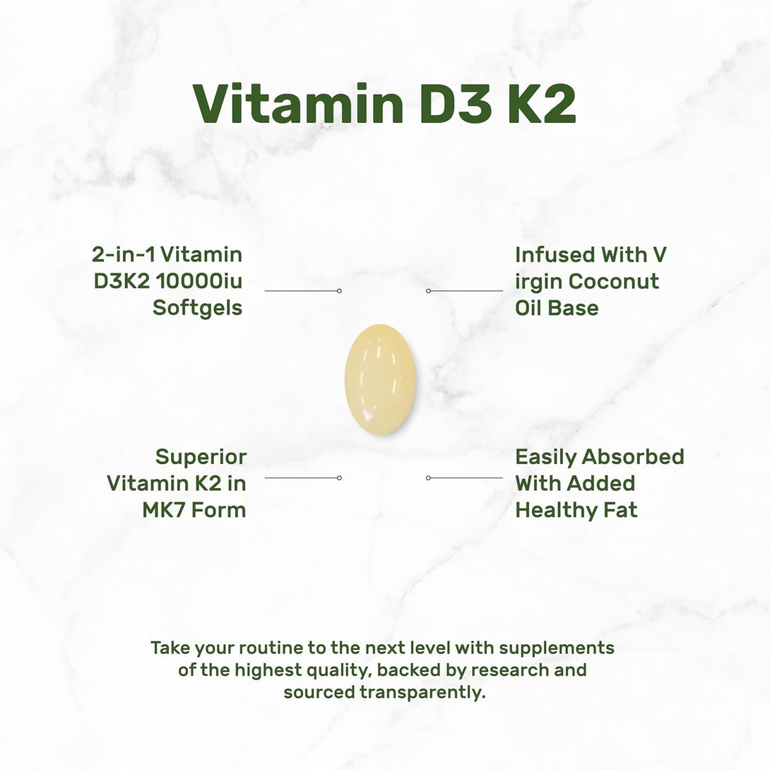 DEAL SUPPLEMENT Vitamin D3 10,000 IU + K2 MK7 200 Mcg, Infused with Virgin Coconut Oil, 250 Softgels, Double Strength Vitamin D & K, Promotes Heart, Bone & Teeth Health - Very Easy to Swallow