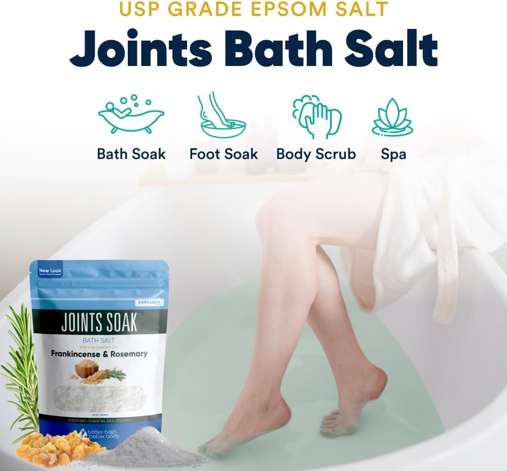 Joints Soak Bath Salt 32 Ounces Epsom Salt with Natural Rosemary, Frankincense and Peppermint Essential Oils plus Vitamin C in BPA Free Pouch with Easy Press-Lock Seal