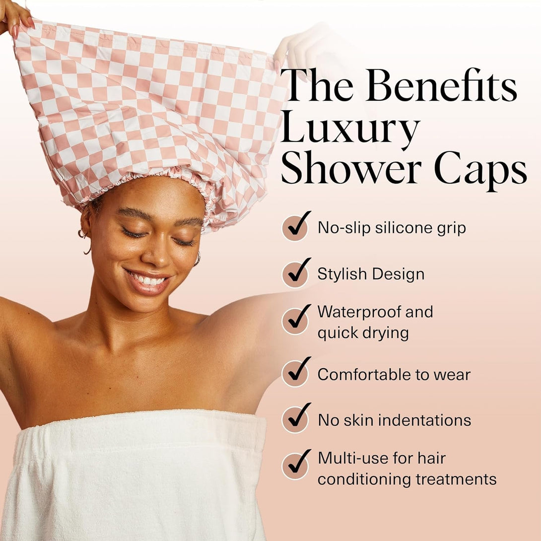 Kitsch Luxury Shower Caps for Women Reusable Waterproof - Flexi Satin Lined, Large Shower Cap for Men, Non-Slip, Quick-Dry, Adjustable, Stylish Hair Cap for Long & Short Hair - Terracotta Checker
