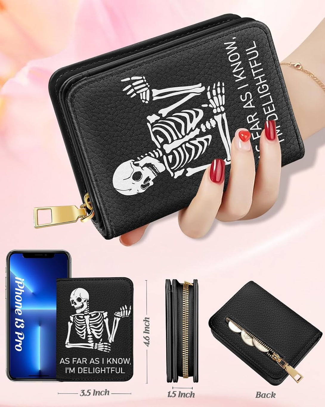 Bistup Credit Card Holder Wallet for Women Cute Leather Ladies Teen Girls Female Cardholder Wallets Accordion Purse Small Medium Aesthetic Print Skeleton Modern Design Rfid Zipper Around