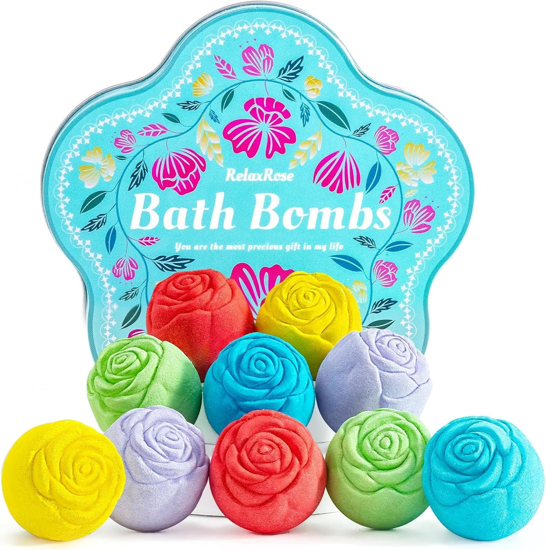 Bath Bomb Gift Set for Women – 10 Pack Handmade with Natural Essential Oils, 5 Aromatic Scents, Relaxing Rose Bubble Bath, Self Care Birthday & Summer Gifts for Mom, Wife, and Her