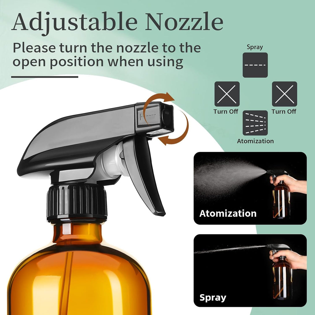 16Oz Amber Glass Spray Bottles,2 Pack Glass Spray Bottles Refillable Empty Bottle with Adjustable Nozzle,Spray Bottle for Essential Oils,Cleaning,Pets,Hair Mister