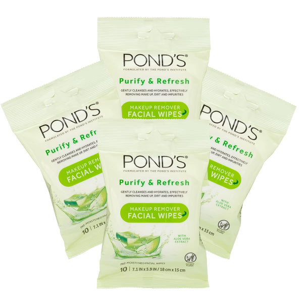 Pond'S Purify & Refresh Facial Wipes with Aloe Vera, Makeup Remover, Gently Cleanses and Hydrates, Pre Moistened, 10 Count, 4-Pack (40 Wipes)