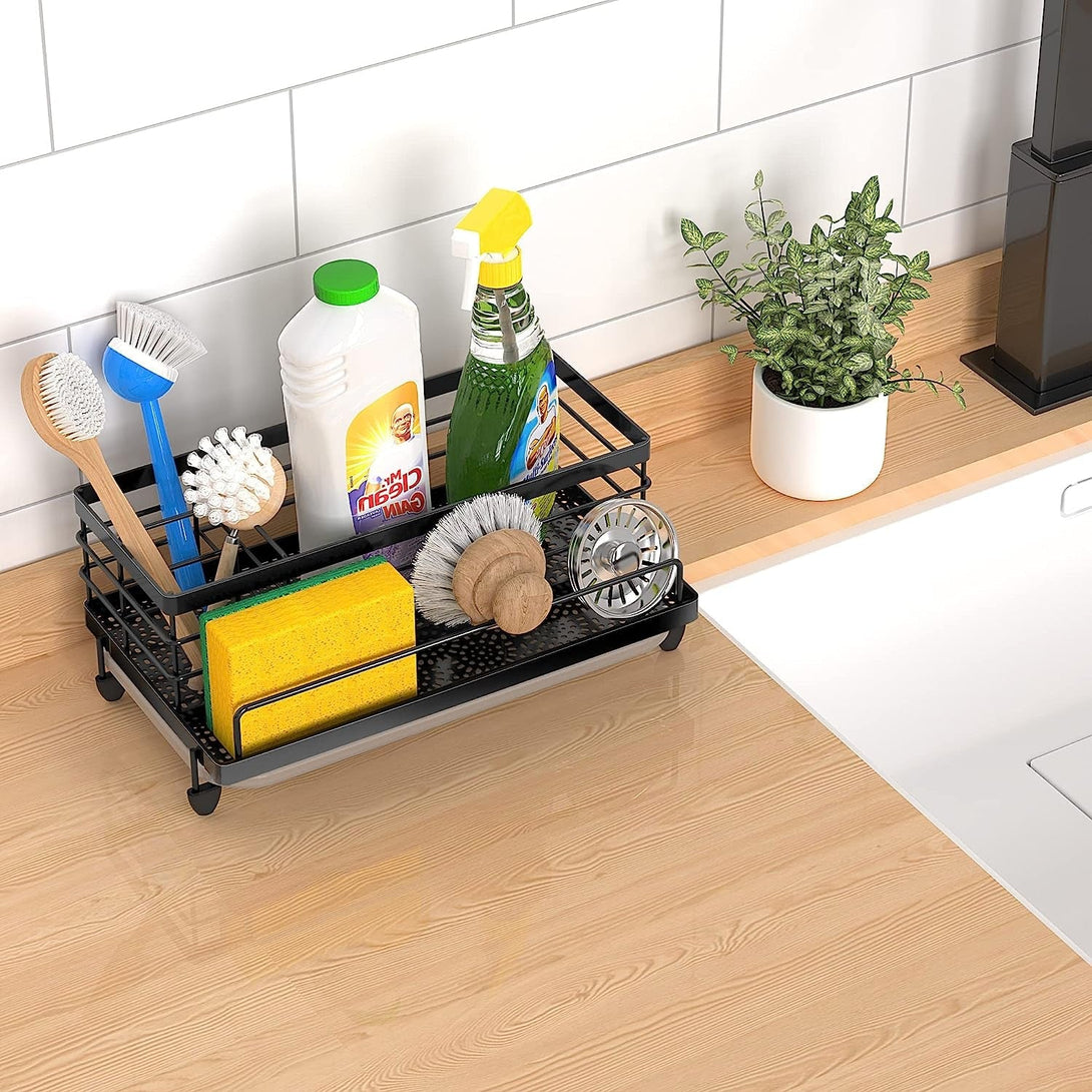 Cisily Large Black Sponge Holder for Kitchen, Sink Caddy Sink Organizer Rack for Kitchen Accessories with Drip Tray, Rustproof and Non-Slip, Soap Dispenser Countertop Organizer Essentials for New Home