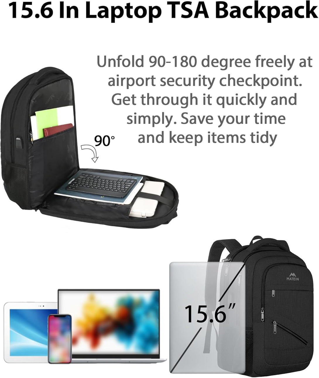 MATEIN 15.6 Inch Backpack for Men Women, Professional Business Laptop Backpack with Multiple Organization Pockets, Water Resistant Casual Daypack for Traveling on Airplane, Black