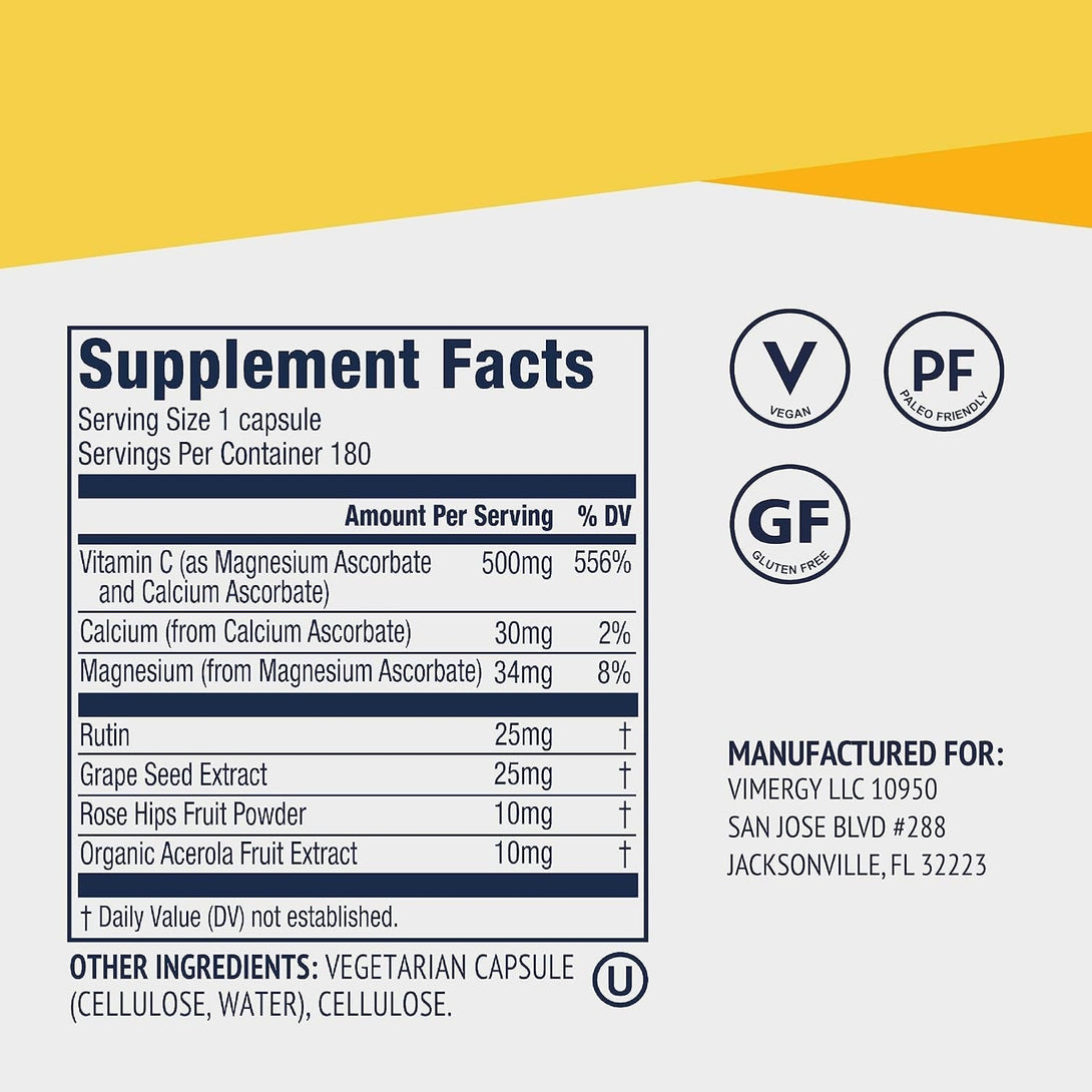Vimergy Micro-C® Vitamin C Capsules – 500Mg per Capsule, Supports Immune Health*, Promotes Collagen Production, Supports Healthy Bones*, Kosher, Vegan & Gluten-Free, Travel Size 90 Capsules
