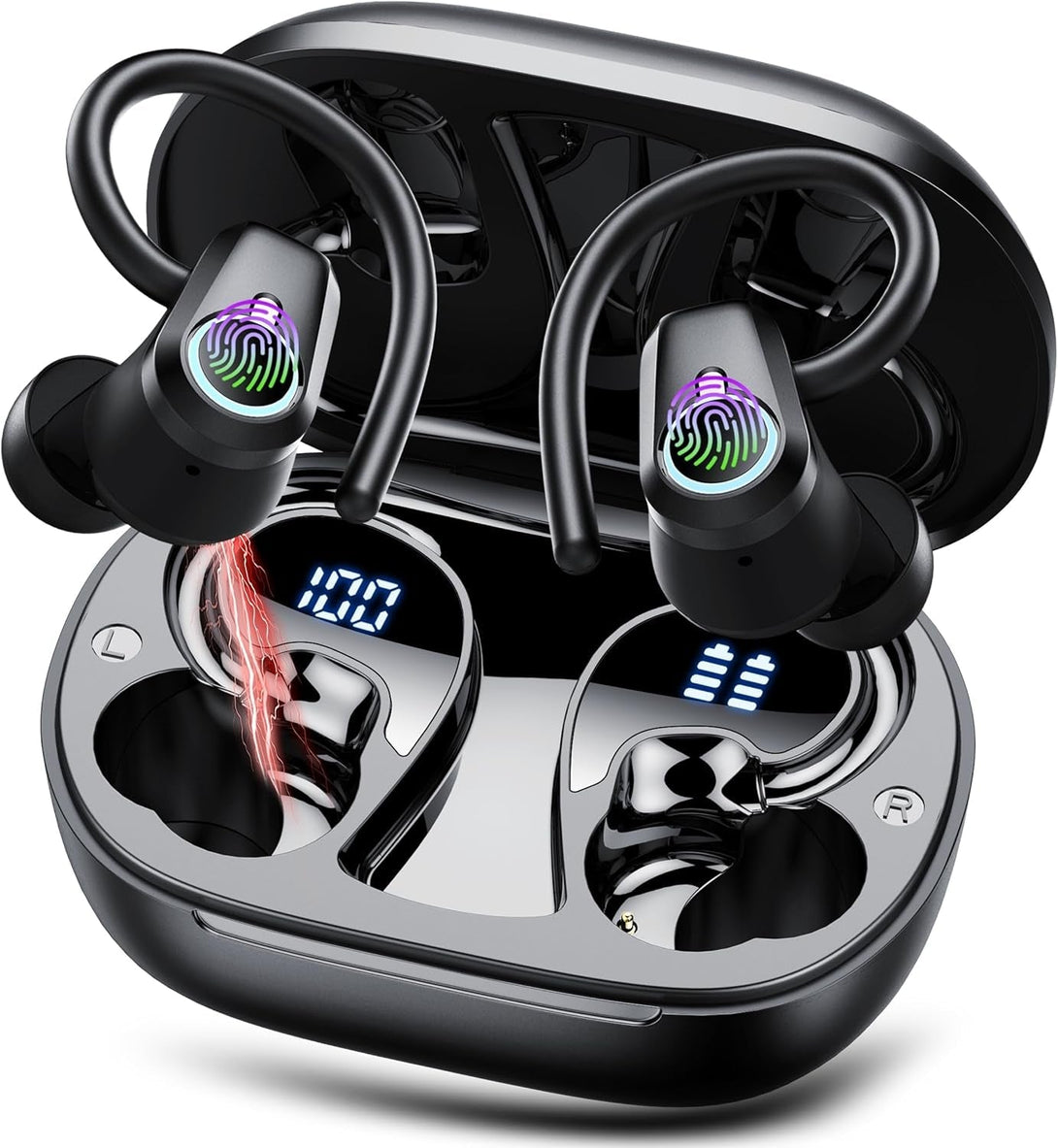Wireless Earbuds, 2025 Ear Buds Bluetooth 5.3 Headphones Sport, 50H Playtime Bluetooth Earbuds, HD Stereo Noise Cancelling Earbud, Dual LED Display, IP7 Waterproof Earphones Android IOS, Pitch Black