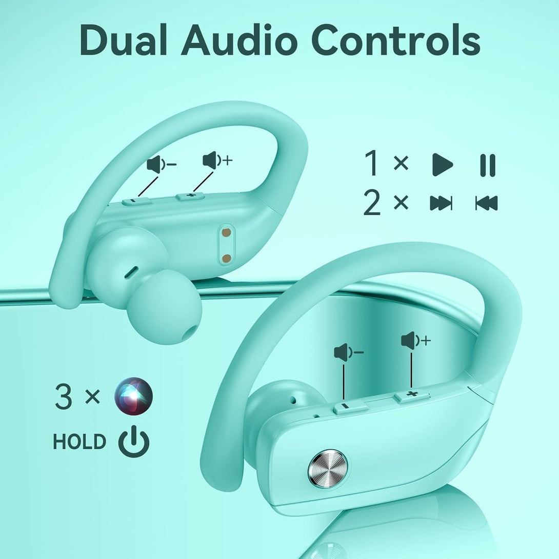 Bmani Wireless Earbuds Bluetooth Headphones 48Hrs Play Back Sport Earphones with LED Display Over-Ear Buds with Earhooks Built-In Mic Headset for Workout Mint Green