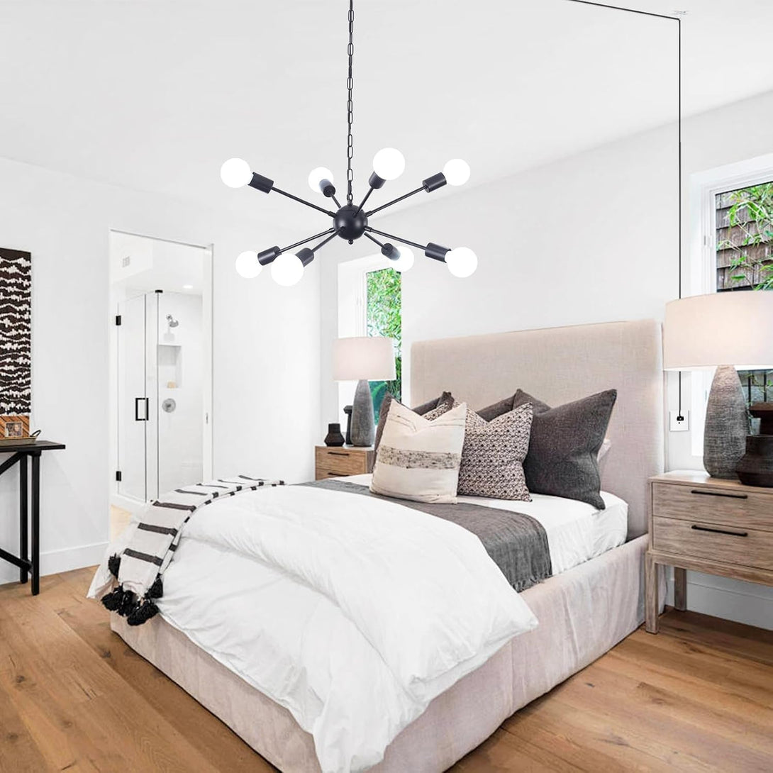 8 Lights Plug in Chandelier Sputnik Ceiling Light Fixture Black Hanging Lights with Plug in Cord 16.4Ft Sputnik Chandeliers for Dining Room Living Room Bedroom Foyer