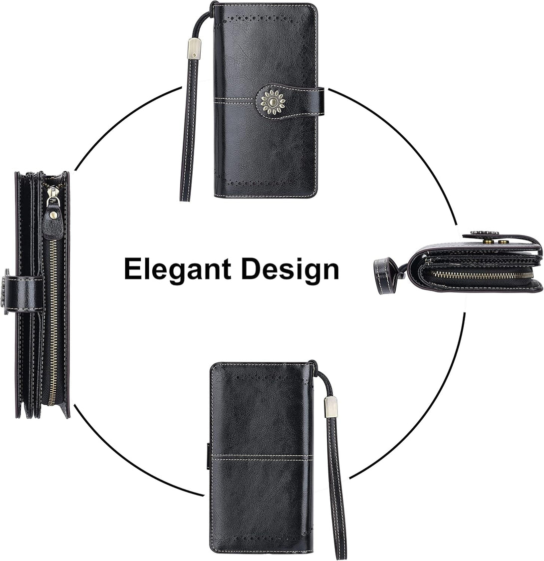 Lavemi Womens Large Capacity Genuine Leather RFID Blocking Wallets Wristlet Clutch Card Holder