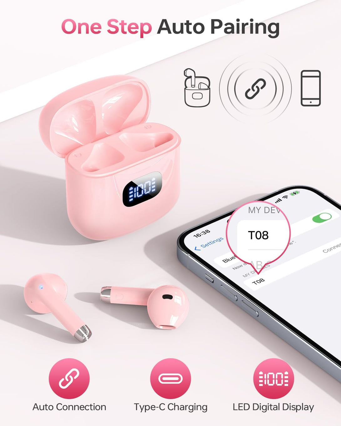 Wireless Earbuds Bluetooth 5.3 Headphones, 40Hrs Playback Stereo Ear Buds with LED Display Charging Case IPX7 Waterproof In-Ear Earphones with Mic for Phone Tablet Laptop Sports, Pink