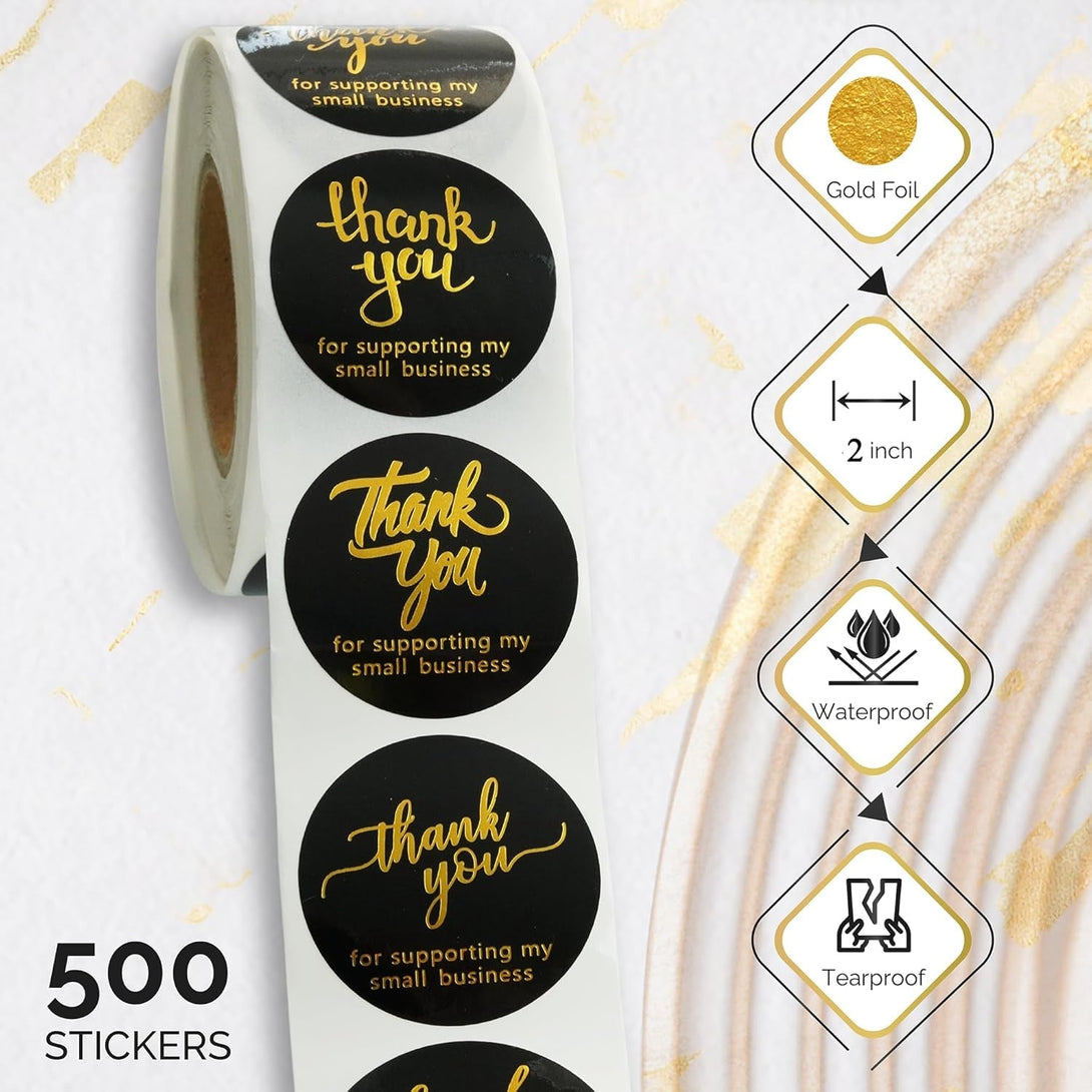 500 Pcs 2 Inch Thank You Stickers for Small Business – Black Waterproof Self-Adhesive Labels with 4 Elegant Designs – Durable Envelope Seals for Packaging, Gift Bags, Boxes & Orders