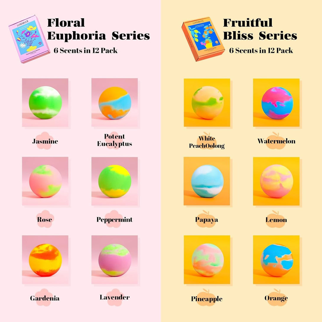 Bath Bombs Gift Set – 24 Pack Bubble Bombs with 12 Unique Scents, Floral Euphoria & Fruitful Bliss Collections, Skin-Soothing & Mood-Enhancing, Birthday Gift for Mom, Wife, Women, Summer Relaxation