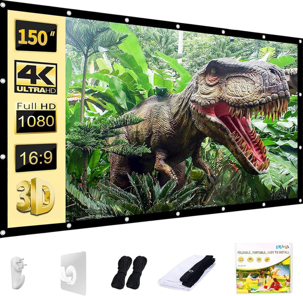 AAJK Outdoor Projection Screen 150 Inch, Washable Projector Screen 16:9 Foldable Anti-Crease Portable Projector Movies Screen for Home Theater Outdoor Indoor Support Double Sided Projection