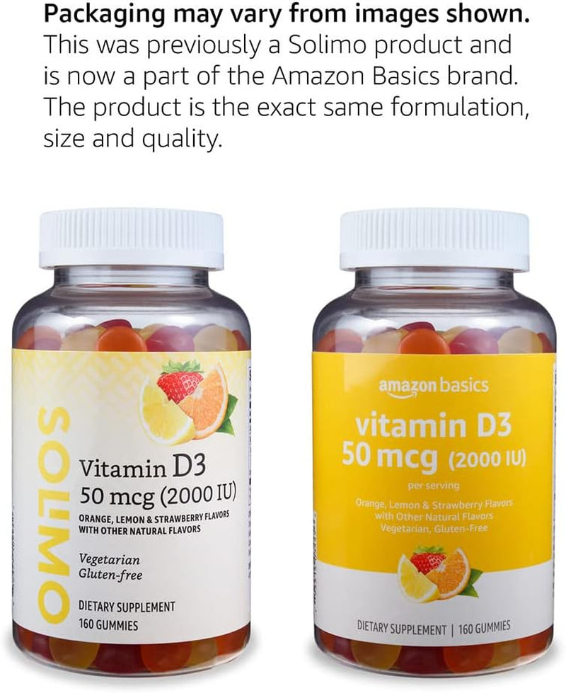 Amazon Basics Vitamin D3 2000 IU Gummies, Orange, Lemon & Strawberry, 160 Count (2 per Serving) (Previously Solimo)