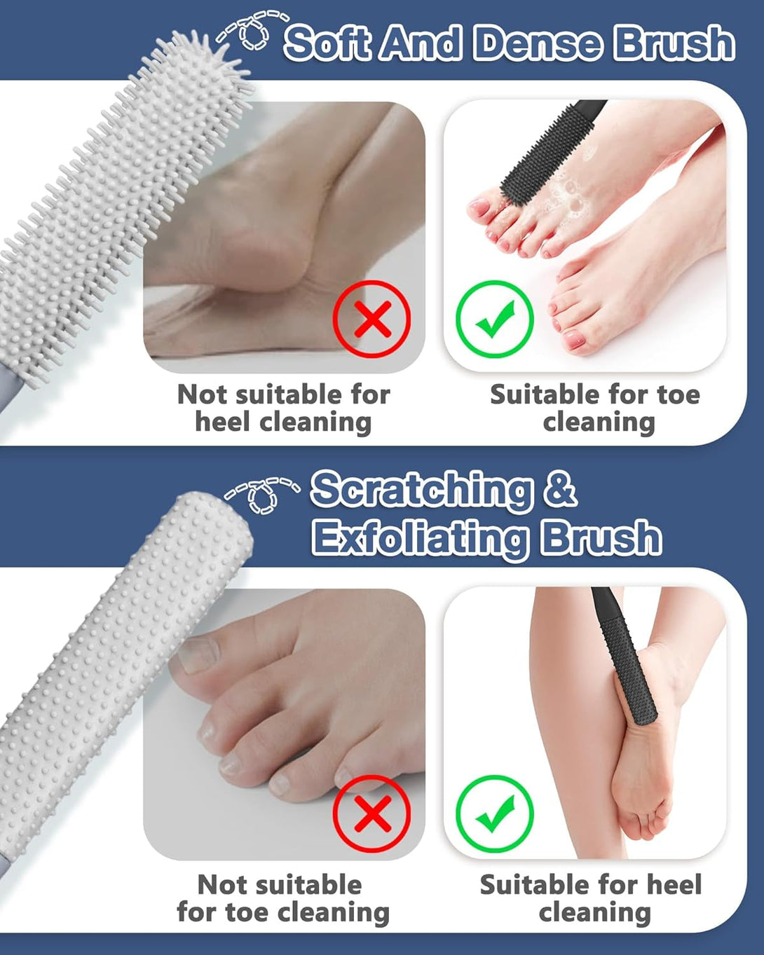 4 Pack Toe Cleaning Brush Set,Long Handle Bath Toe Brush Scrubber Bathroom for Seniors Elderly Men and Women (Grey)