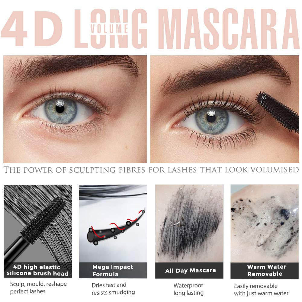 4D Fiber Eyelash Mascara, Natural Waterproof Lasting Lash Mascara Black Volume, Lengthening Thickening Softer Fuller Lashes Amplify Eyelash Primer Brush (Black)