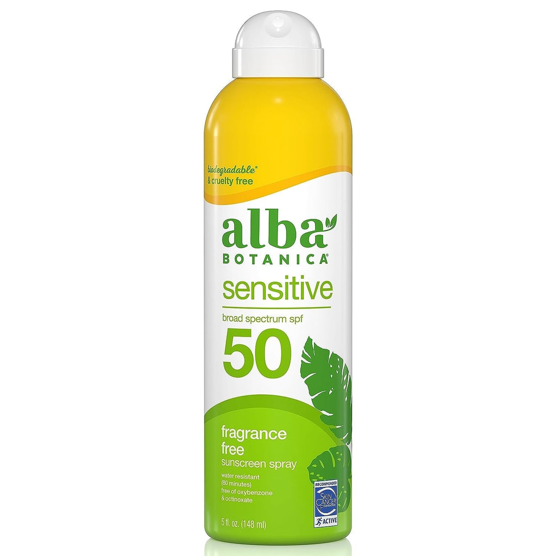 Alba Botanica Sensitive Sunscreen Spray for Face and Body, Fragrance-Free, Broad Spectrum SPF 50, Water Resistant, 5 Fl. Oz. Bottle