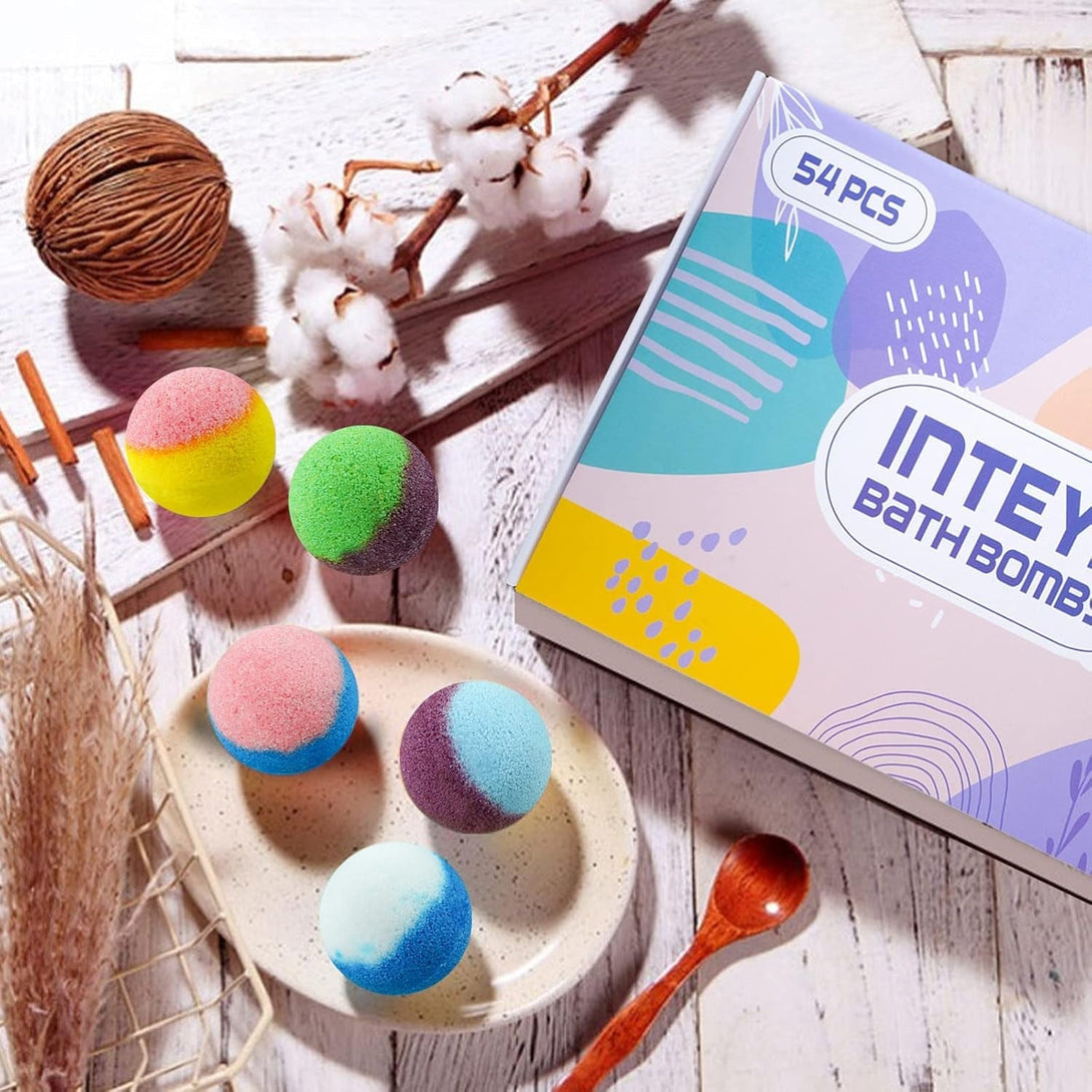 INTEYE Luxury Bath Bombs Gift Set - 54Pc Skin-Nourishing Mineral Bath Salts with Natural Essential Oils & 9 Aromas | Spa-Qualit Self-Care for Women, Men, Kids (Eco-Friendly Packaging)