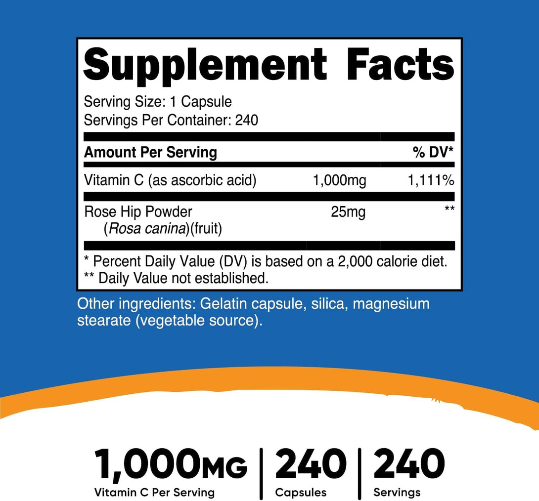 Nutricost Vitamin C with Rose HIPS 1025Mg, 240 Capsules - Vitamin C 1,000Mg, Rose HIPS 25Mg, Premium, Non-Gmo, Gluten Free Supplement