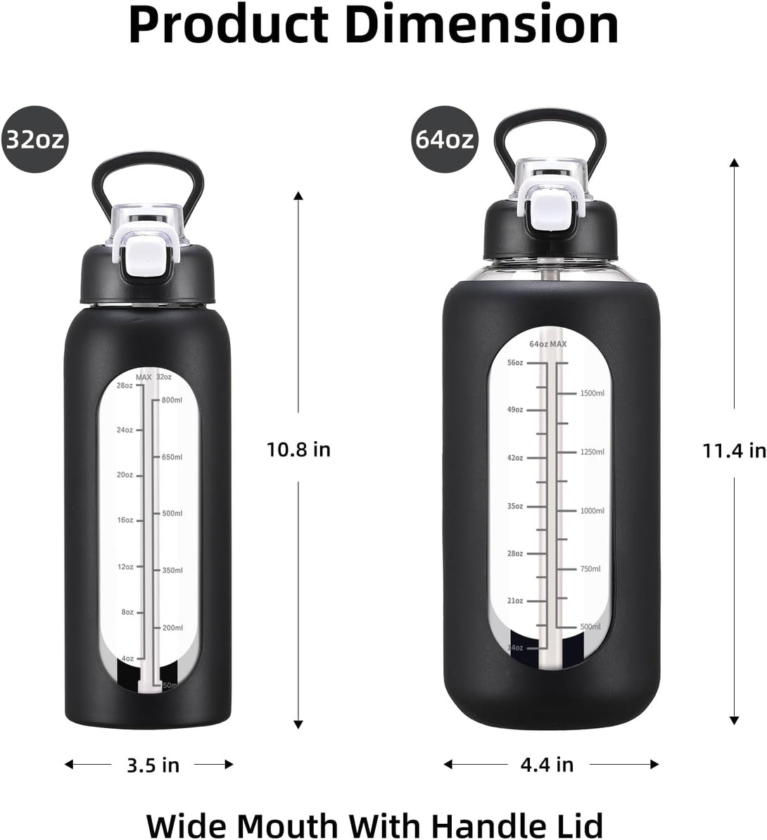 32 Oz Glass Water Bolttles with Straw Large Motivational Water Bottle with Time Marker Sports Water Bottles with Silicone Sleeve and Handle Lid Water Jug for Gym Workout